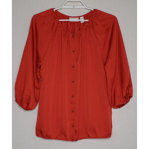 Chico’s Top Size 1 Solid Red Silky 3/4 Bubble Sleeve Button Front Blouse Career